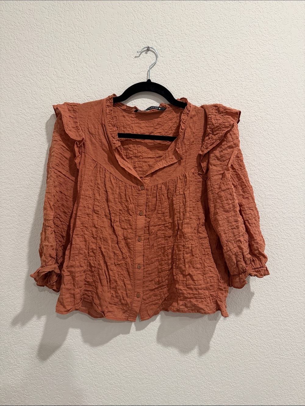 Zara Rust Orange Crinkle Button-Front Blouse